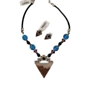 New Chico's Aztec Arrow Art Glass Bead Silver Copper Tone Necklace Earrings Set